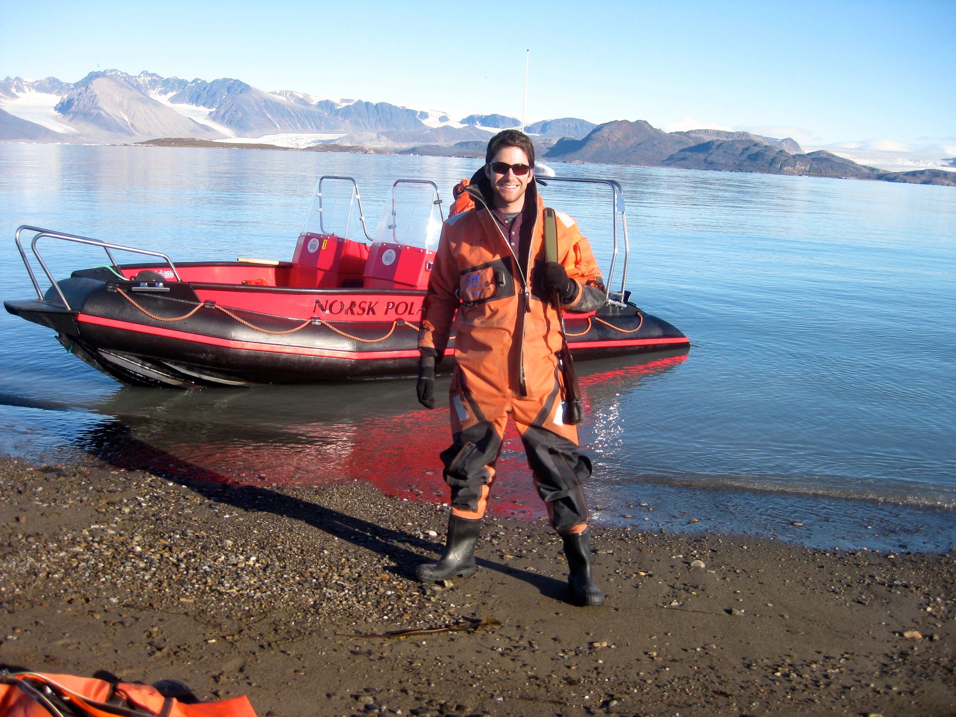 Myself suited up in a drysuit before taking the boat out to collect glacial runoff samples (again near Ny-Ålesund, Norway) in summer